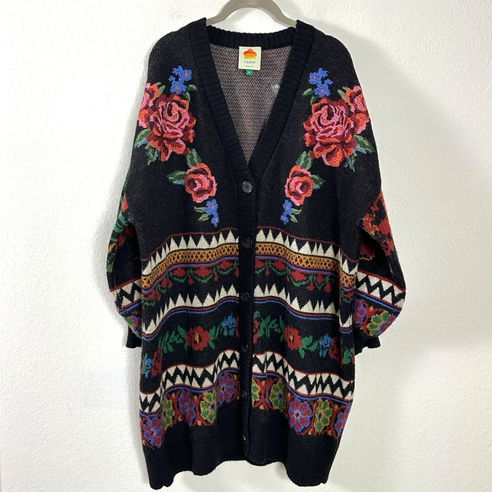 FARM Rio Black Floral Embroidered Chunky Cardigan with Red & Blue Roses - Picture 3 of 15